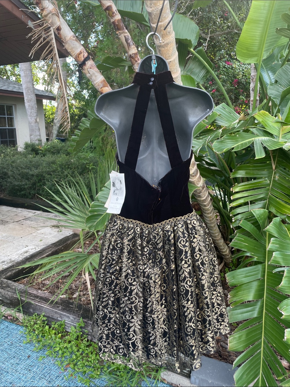 black velvet and gold lace drop waist halter dress - Picture 3 of 9